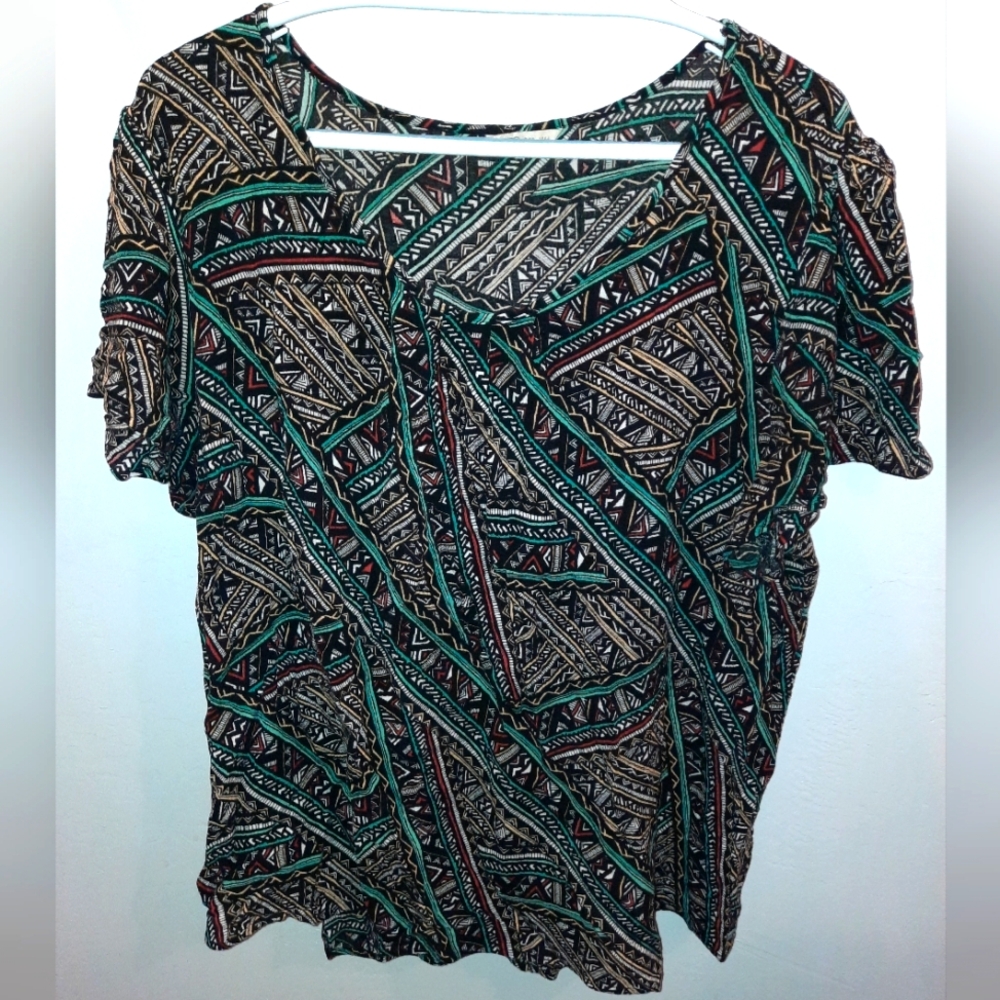 CATO black, turquoise, rust & white abstract short sleeve size 3x blouse EUC